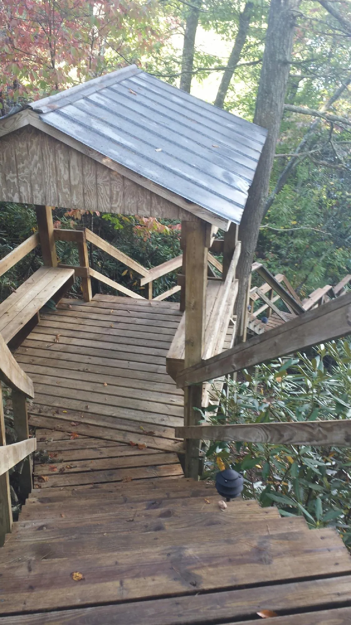 Metal roofed shelter over wooden steps on a wooded walkway — Skylight Repair & Installation work by our crew in Creal Springs